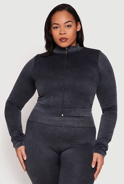 Womens Plus Size Seamless Acid Wash Mock Neck Track Jacket, Grey, Size 1X-2X