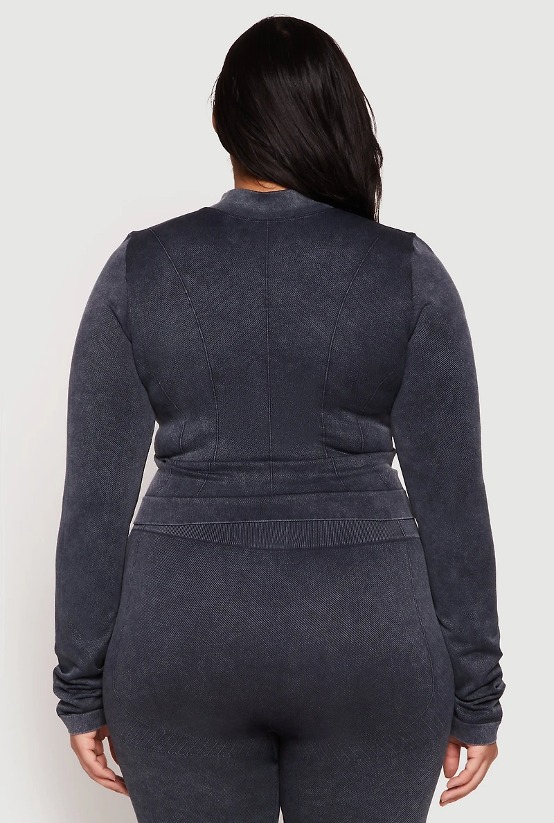Womens Plus Size Seamless Acid Wash Mock Neck Track Jacket, Grey, Size 1X-2X