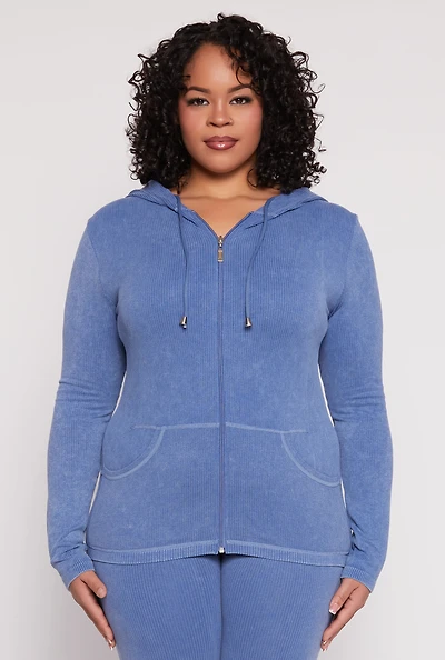 Womens Plus Size Seamless Acid Wash Zip Front Hoodie, Blue, Size 1X-2X