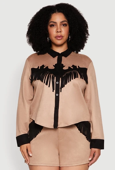 Womens Plus Size Chic Faux Suede Contrast Trim Fringe Hem Shirt, Beige, Size 3X