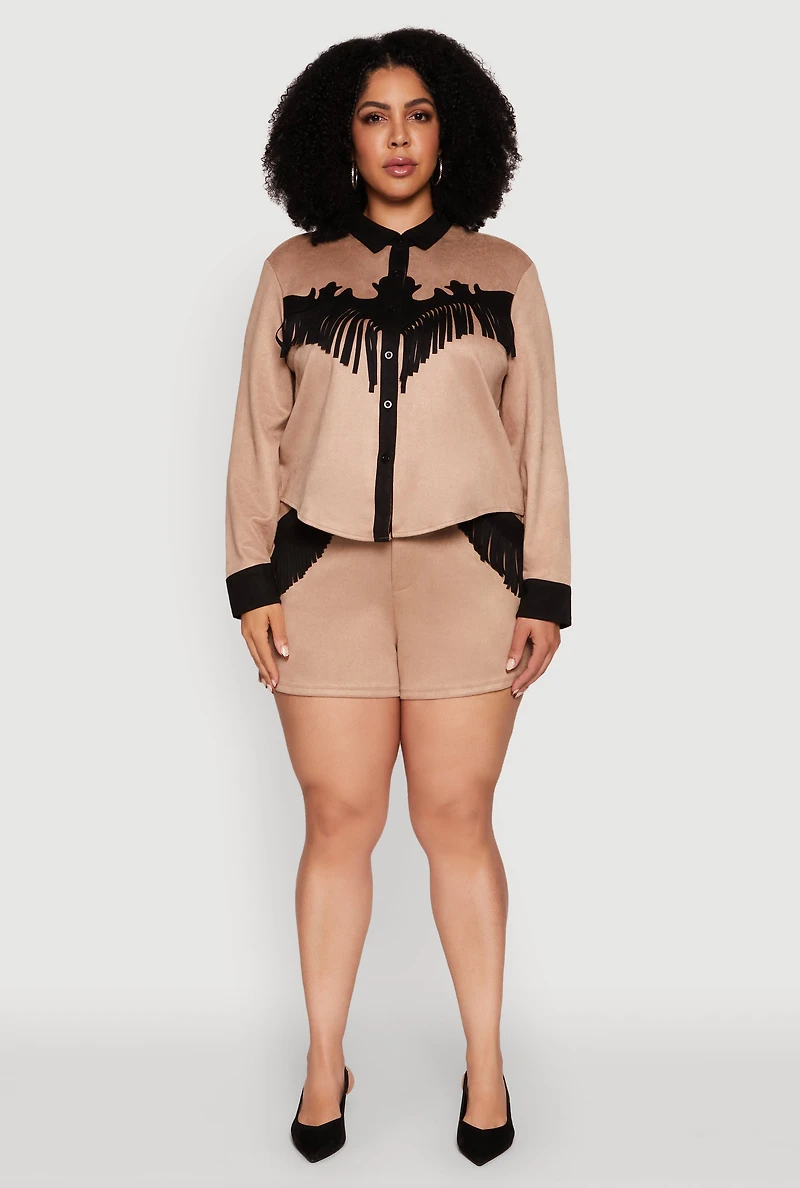 Womens Plus Size Chic Faux Suede Contrast Trim Fringe Hem Shirt, Beige, Size 1X