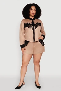 Womens Plus Size Chic Faux Suede Contrast Trim Fringe Hem Shirt, Beige, Size 3X