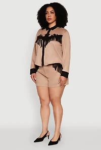 Womens Plus Size Chic Faux Suede Contrast Trim Fringe Hem Shirt, Beige, Size 3X