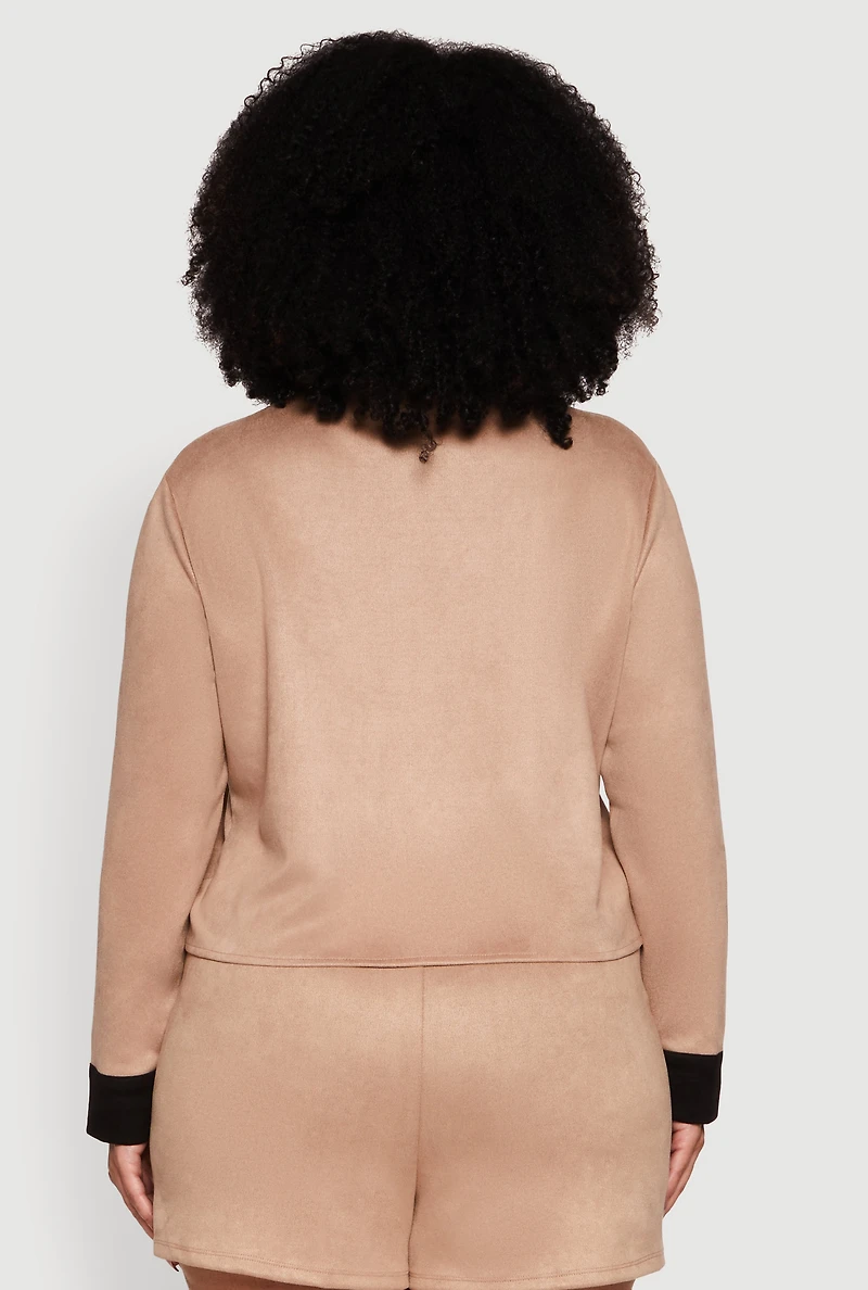 Womens Plus Size Chic Faux Suede Contrast Trim Fringe Hem Shirt, Beige, Size 1X