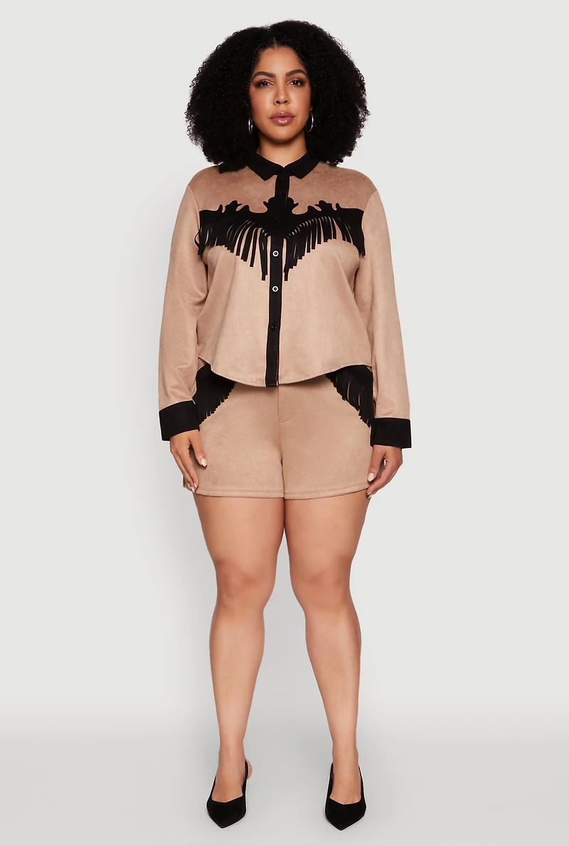 Womens Plus Size Faux Suede High Waisted Fringe Hem Shorts, Khaki, Size 1X