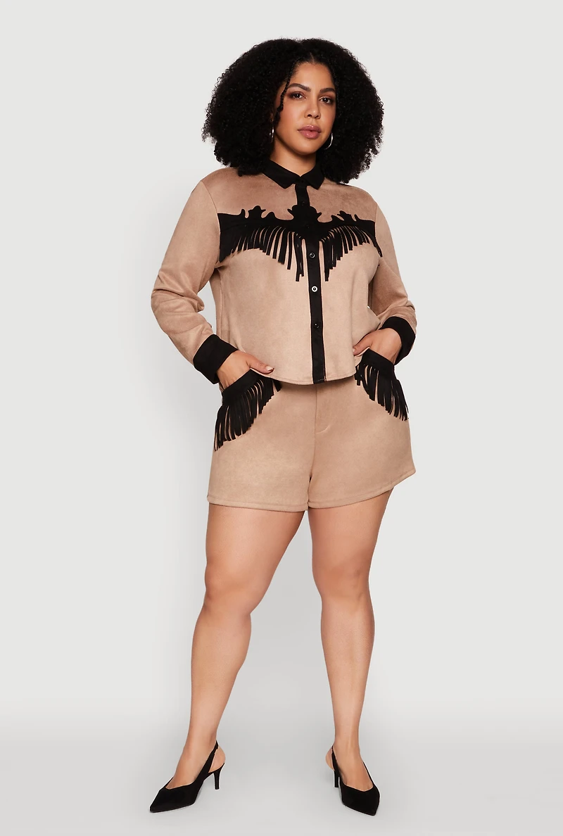 Womens Plus Size Faux Suede High Waisted Fringe Hem Shorts, Khaki, Size 1X