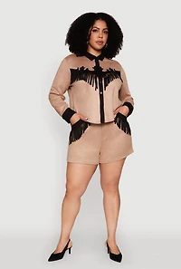 Womens Plus Size Faux Suede High Waisted Fringe Hem Shorts, Khaki, Size 1X