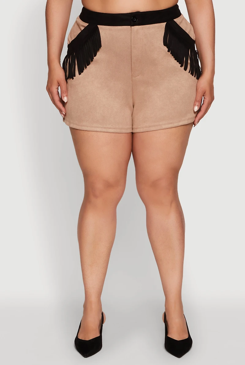 Womens Plus Size Faux Suede High Waisted Fringe Hem Shorts, Khaki, Size 1X