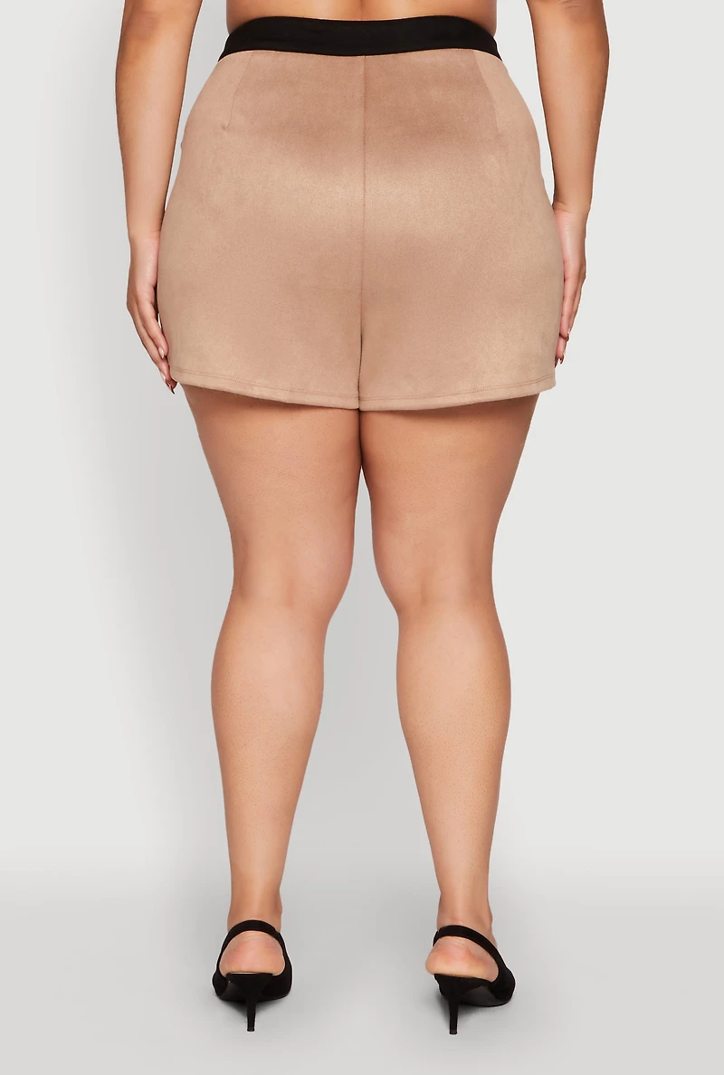 Womens Plus Size Faux Suede High Waisted Fringe Hem Shorts, Khaki, Size 1X