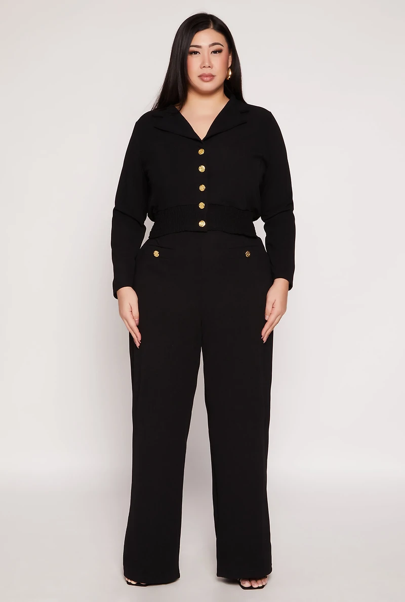 Plus Button Front Smocked Blouse