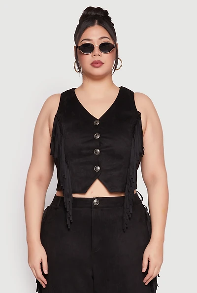 Womens Plus Size Faux Suede Fringe Vest, Black, Size 1X