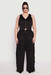 Womens Plus Size Faux Suede Fringe Vest, Black, Size 2X
