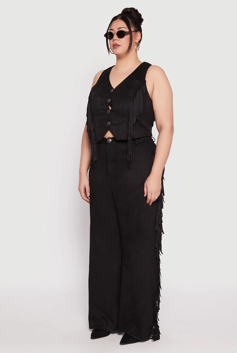 Womens Plus Size Faux Suede Fringe Vest, Black, Size 2X