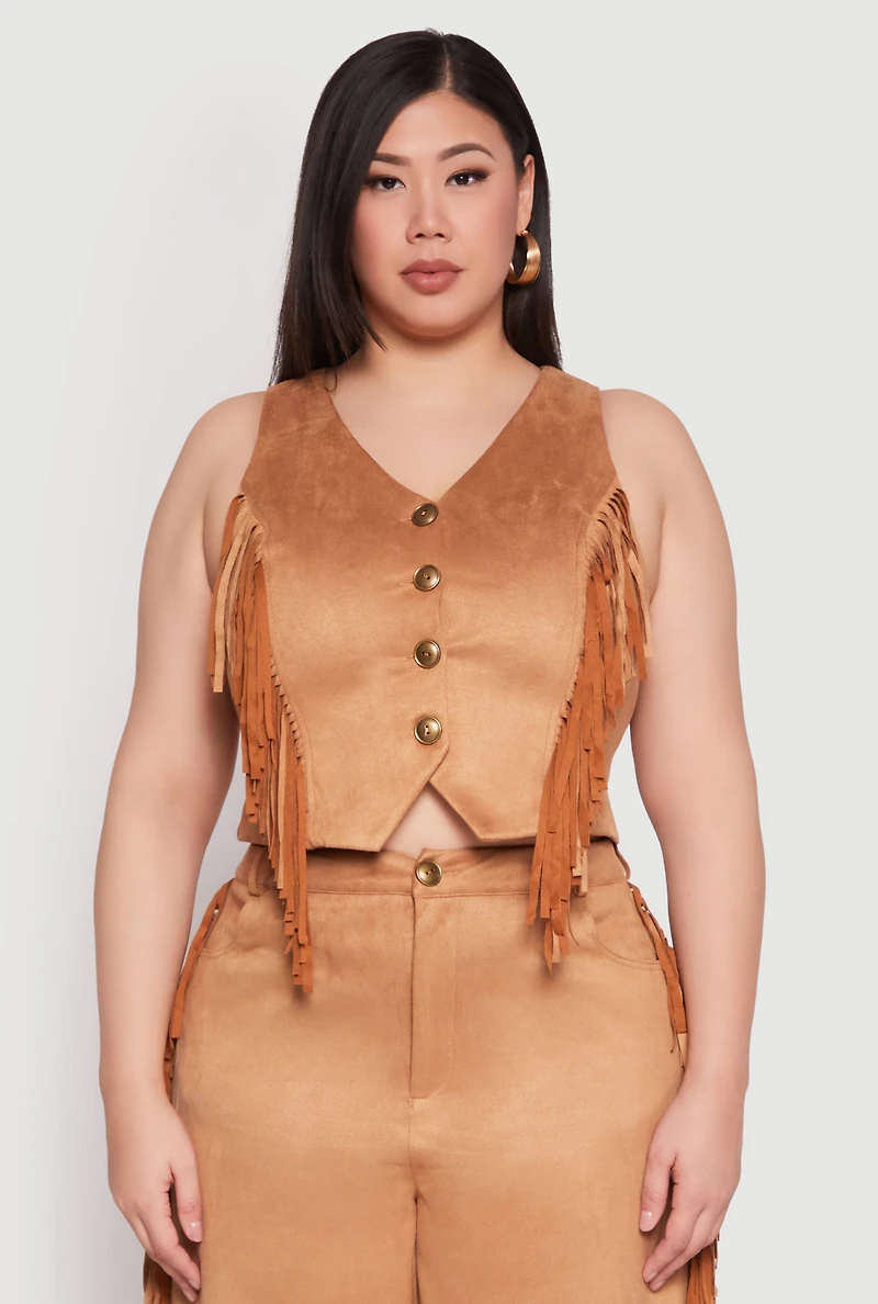 Womens Plus Size Faux Suede Fringe Vest, Brown, Size 2X
