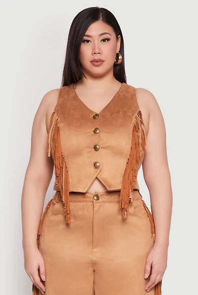 Womens Plus Size Faux Suede Fringe Vest, Brown, Size 2X