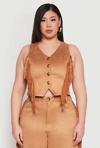 Womens Plus Size Faux Suede Fringe Vest, Brown, Size 2X