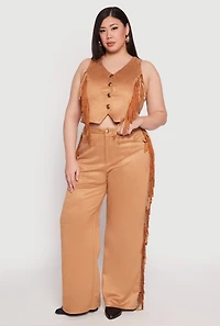 Womens Plus Size Faux Suede Fringe Vest, Brown, Size 2X