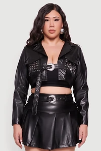 Plus Cropped Faux Leather Belted Front Studded Jacket