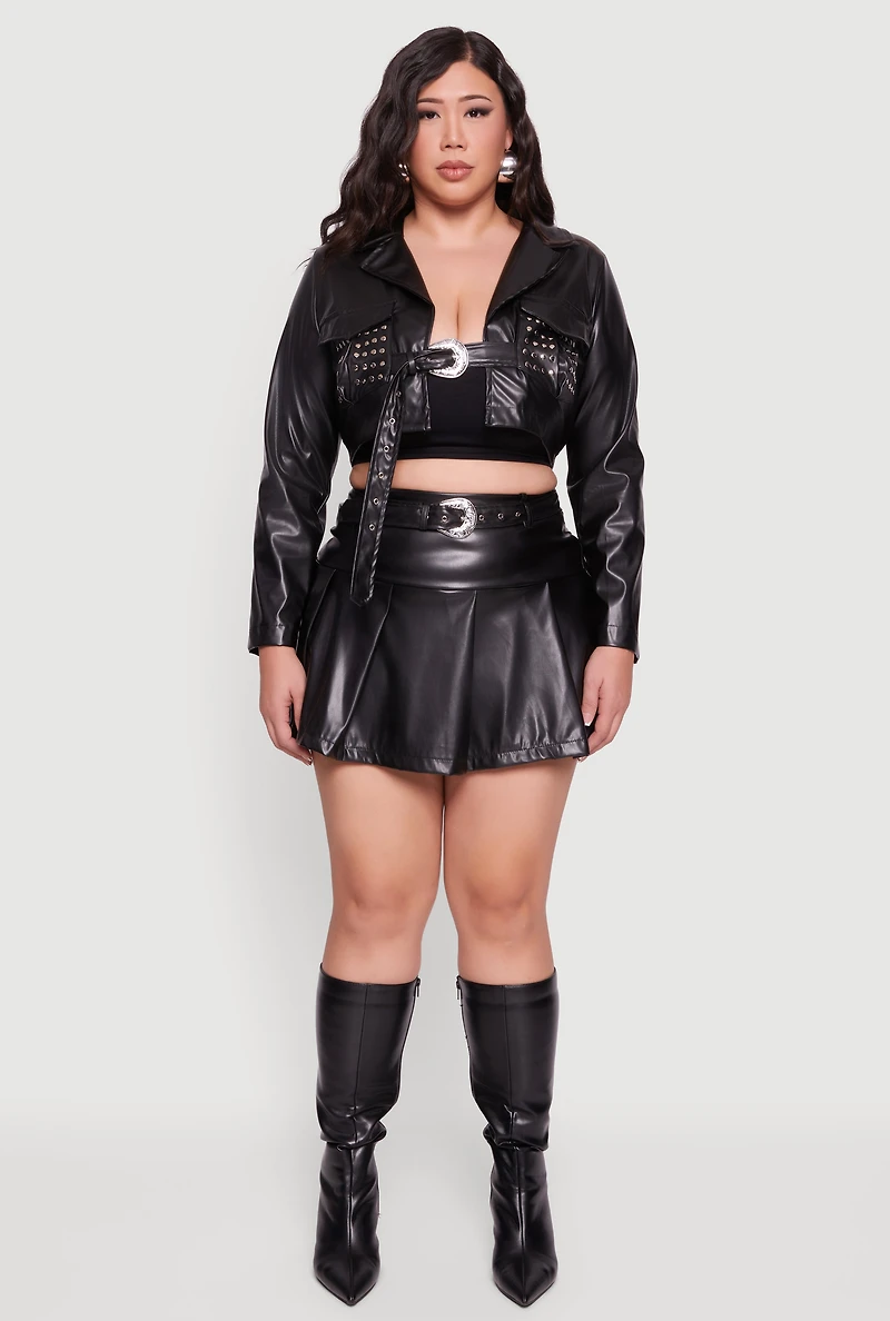 Plus Cropped Faux Leather Belted Front Studded Jacket