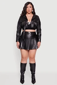 Plus Cropped Faux Leather Belted Front Studded Jacket
