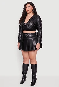 Plus Cropped Faux Leather Belted Front Studded Jacket