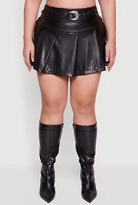 Plus Faux Leather Pleated Skirt with Belt