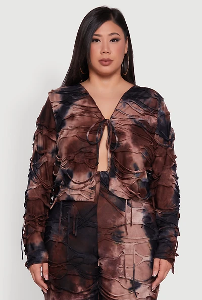 Womens Plus Size Tie Dye Slashed Tie Front Top, Brown, Size 2X