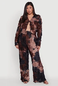 Womens Plus Size Tie Dye Slashed Tie Front Top, Brown, Size 1X