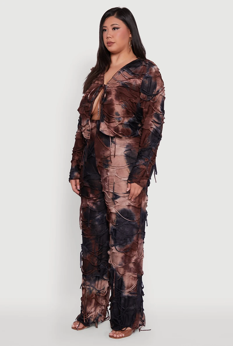 Womens Plus Size Tie Dye Slashed Tie Front Top, Brown, Size 2X