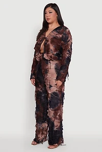 Womens Plus Size Tie Dye Slashed Tie Front Top, Brown, Size 2X