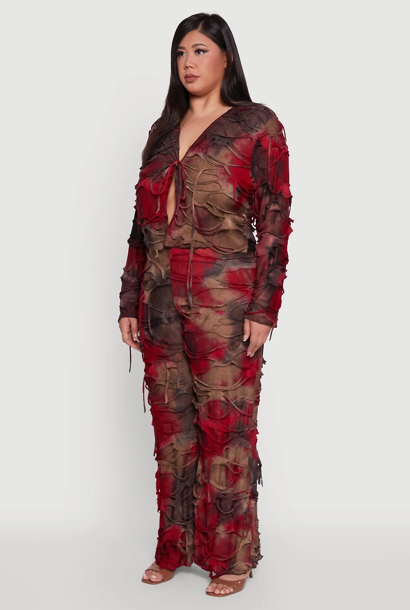 Womens Plus Size Tie Dye Slashed Tie Front Top, Multi, Size 3X