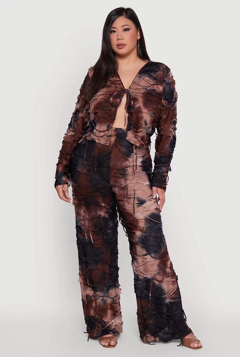 Womens Plus Size Tie Dye Slashed Flare Pants, Brown, Size 3X