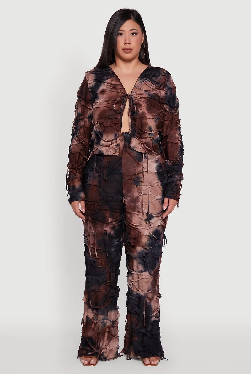 Womens Plus Size Tie Dye Slashed Flare Pants, Brown, Size 3X