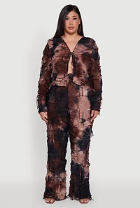 Womens Plus Size Tie Dye Slashed Flare Pants, Brown, Size 3X