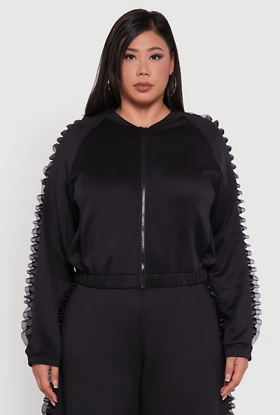 Womens Plus Size Organza Ruffle Trim Track Jacket, Black, Size 1X