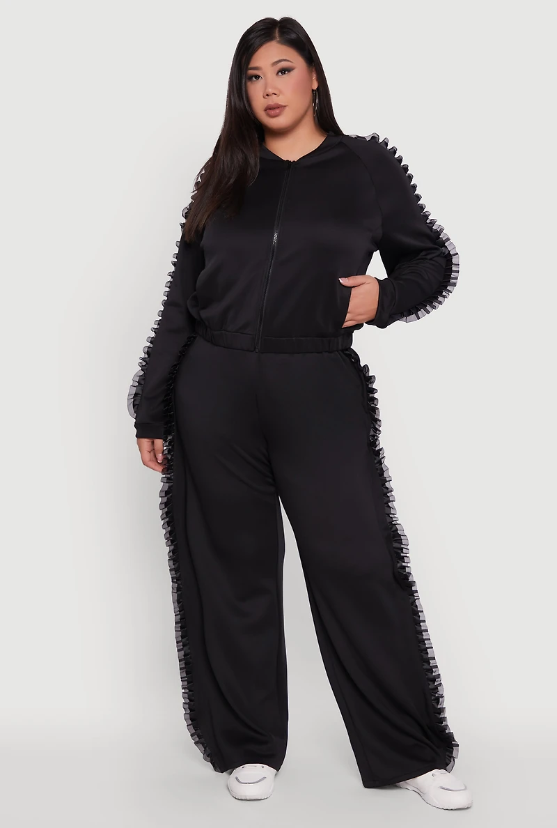 Womens Plus Size Organza Ruffle Trim Track Jacket, Black, Size 1X
