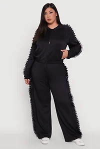 Womens Plus Size Organza Ruffle Trim Track Jacket, Black, Size 1X