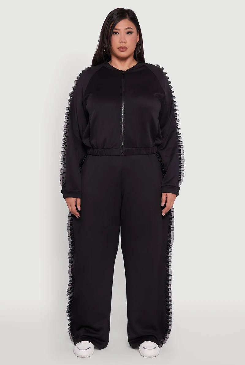 Womens Plus Size Organza Ruffle Trim Track Jacket, Black, Size 1X
