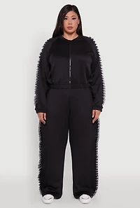 Womens Plus Size Organza Ruffle Trim Track Jacket, Black, Size 1X