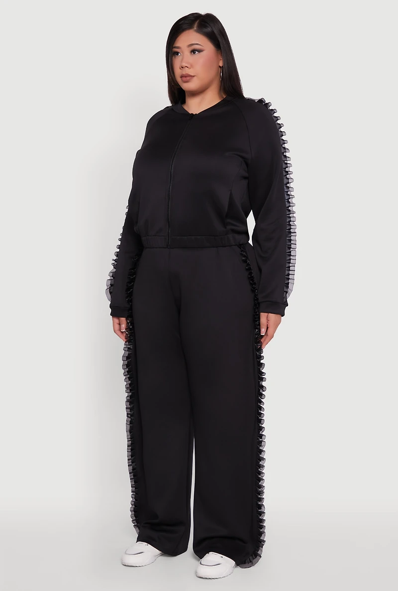 Womens Plus Size Organza Ruffle Trim Track Jacket, Black, Size 1X
