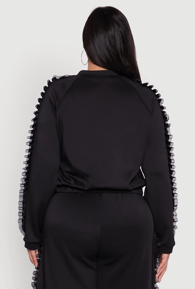 Womens Plus Size Organza Ruffle Trim Track Jacket, Black, Size 1X