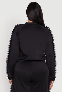 Womens Plus Size Organza Ruffle Trim Track Jacket, Black, Size 1X