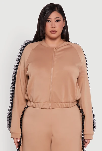 Womens Plus Size Organza Ruffle Trim Track Jacket, Beige, Size 3X