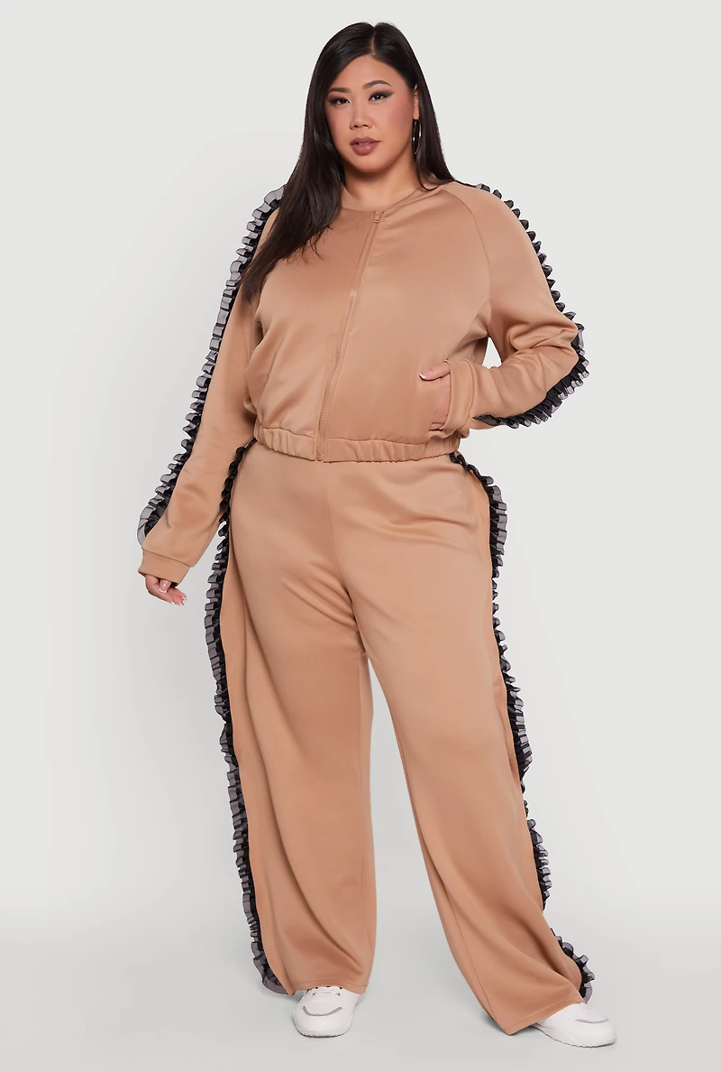 Womens Plus Size Organza Ruffle Trim Track Jacket, Beige, Size 3X