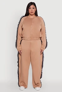 Womens Plus Size Organza Ruffle Trim Track Jacket, Beige, Size 3X