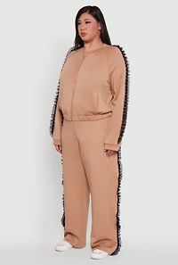 Womens Plus Size Organza Ruffle Trim Track Jacket, Beige, Size 3X