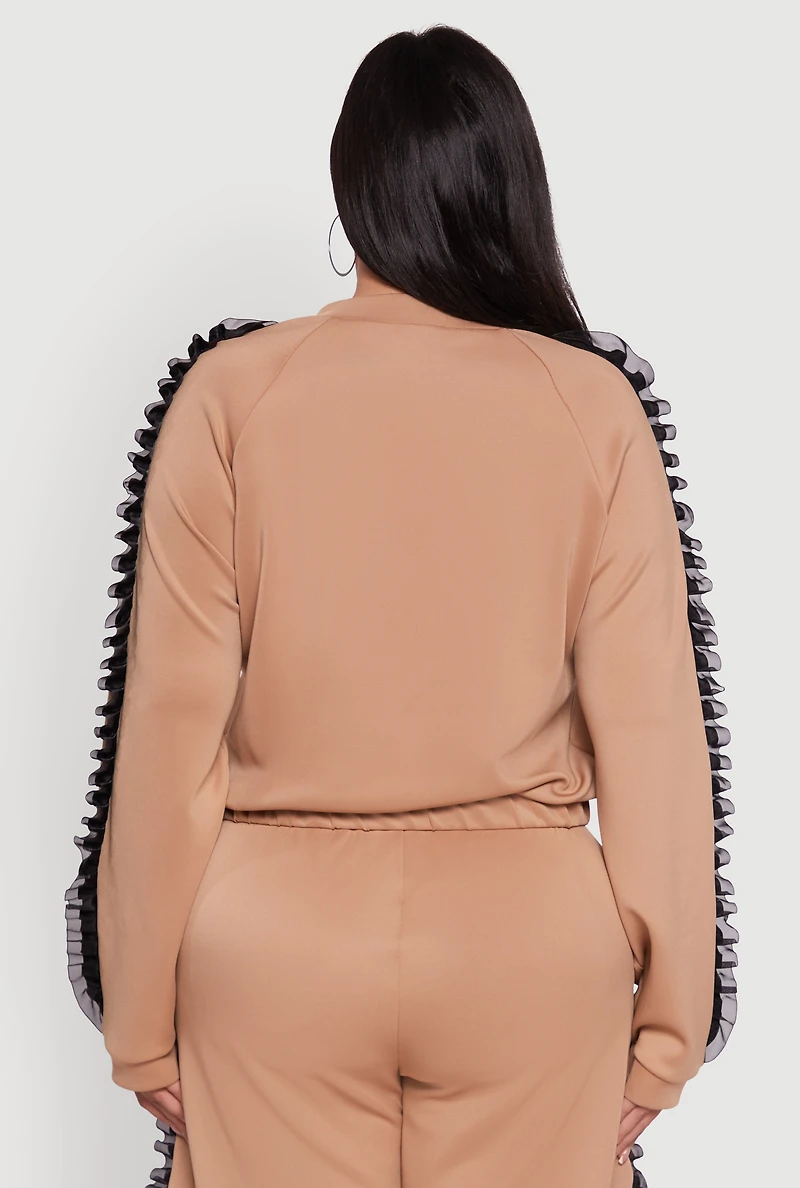 Womens Plus Size Organza Ruffle Trim Track Jacket, Beige, Size 3X