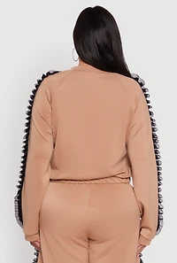 Womens Plus Size Organza Ruffle Trim Track Jacket, Beige, Size 3X