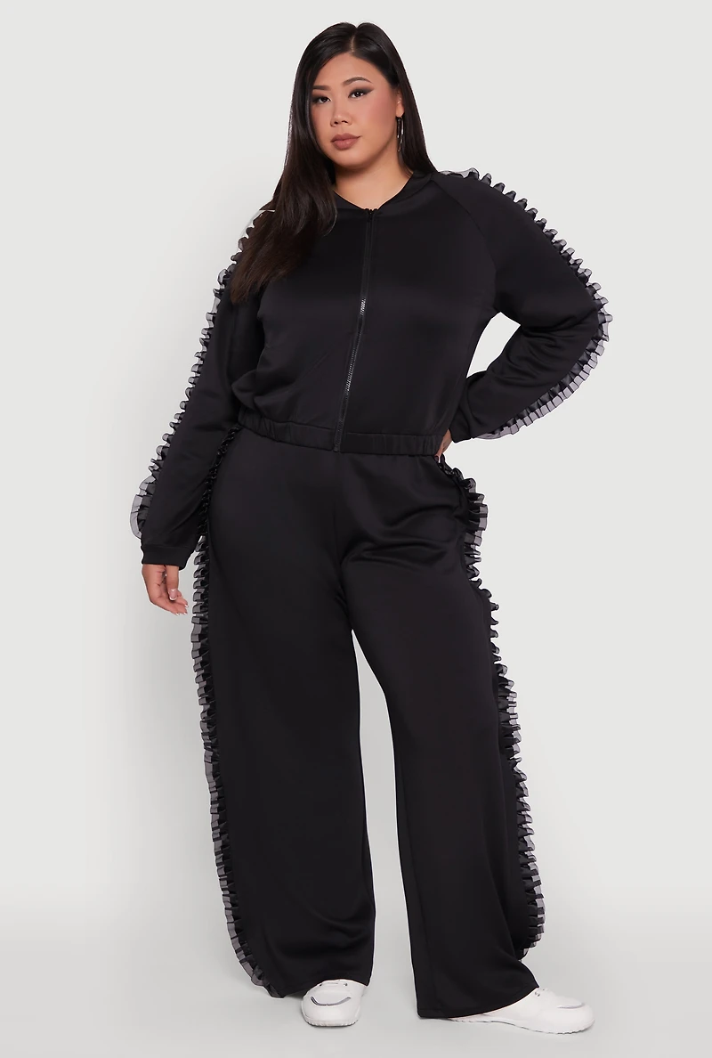 Womens Plus Organza Ruffle Trim Wide Leg Pants, Black,