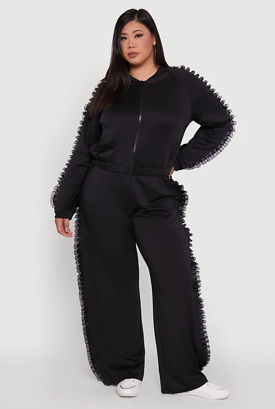 Womens Plus Organza Ruffle Trim Wide Leg Pants, Black,